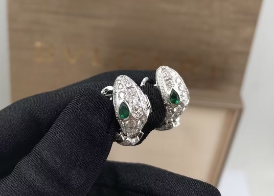 Luxury 18K White Gold Diamond Ring Bvlgari Serpenti Ring White Gold With Green Eyes