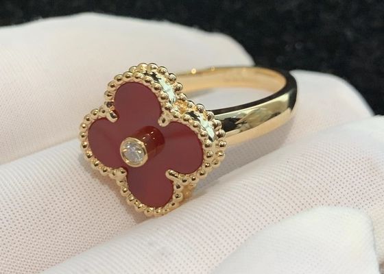 Unique Carnelian 18K Gold Ring , Vintage Alhambra Ring With Real Diamond
