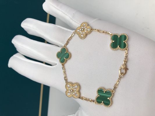 18k Real Gold Luxurious Vintage Alhambra Bracelet 5 Motifs With Malachite