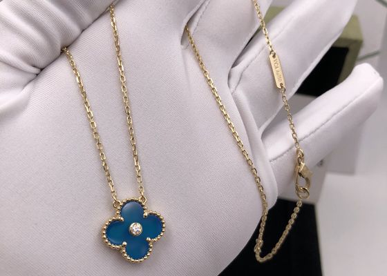 Magic Alhambra Blue Agate 18 Karat Gold Diamond Necklace Vintage