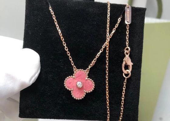 Pink Flower 18k Gold Diamond Necklace 18in Magic Alhambra Pink Agate
