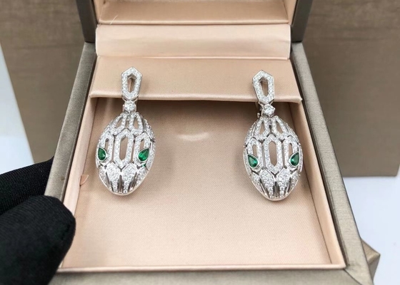 Bvlgari 18k White Gold Diamond Earrings Green Serpenti Eyes With Malachite